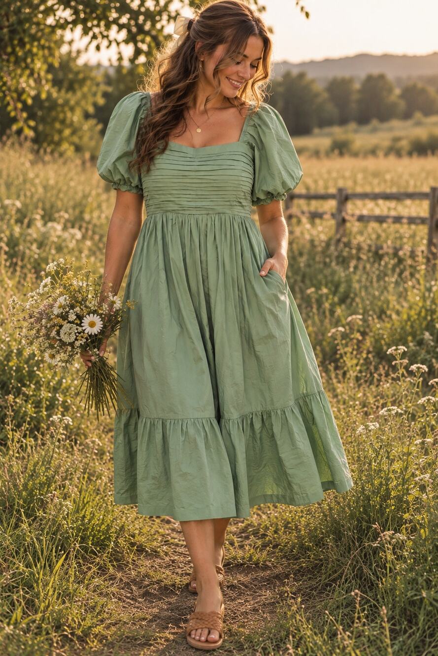 Abercrombie Emerson Poplin Puff Sleeve Midi Dress Green L Cottagecore